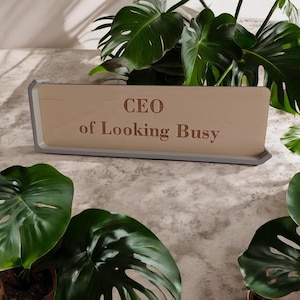 Peut inclure: Une plaque de bureau en bois avec un cadre gris indique "CEO of Looking Busy". La plaque est posée sur une surface gris clair avec des plantes vertes en arrière-plan.