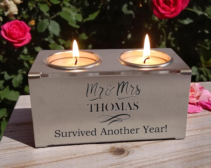 Wedding Anniversary Couple's Keepsake Gift Personalized Tealight Holder with Double Candles Funny Anniversary Gift Survived Another Year !