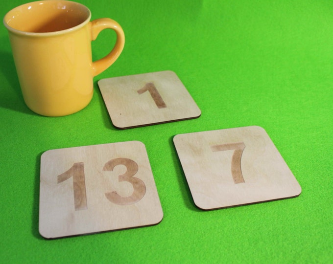 Personalized Wooden  Coaster Simple Shape Quadrat  Set of 6 With YOUR Number, Letters, Logo, Signs  Gift / Decorations