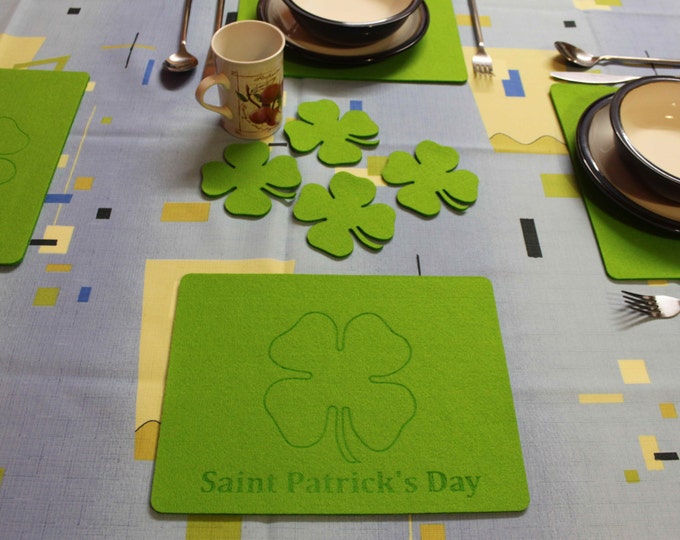 Patrick Day  Green Felt Shamrock Placemats and Coasters Table Mats Set of 8