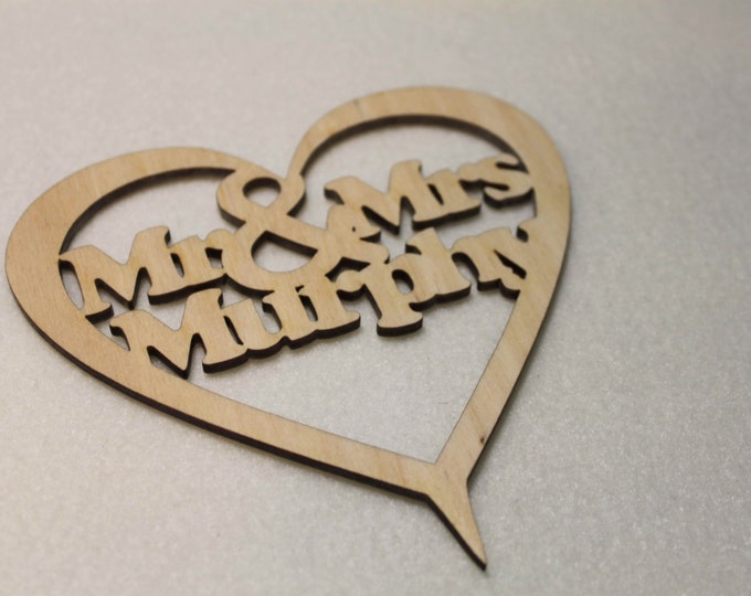 Custom Personalised Mr & Mrs Wedding Gift CakeTopper Wooden Heart With Names Laser Cut I'm Irish gift