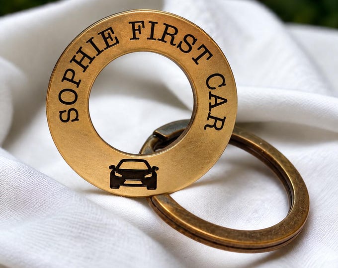 Personalised New Driver Keyring, Solid Brass First Car Gift With Name and Date