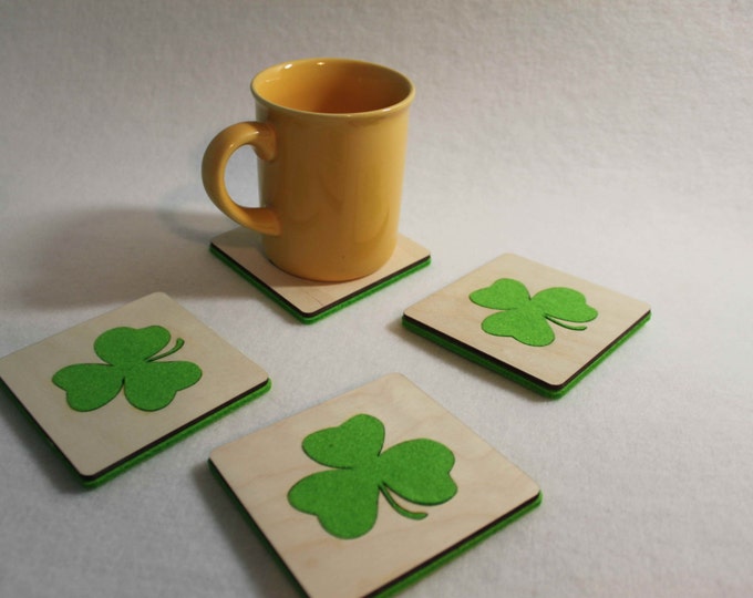 Wooden Felt Coasters Home Decor - set of 4 Scrapbooking Shamrock Shape