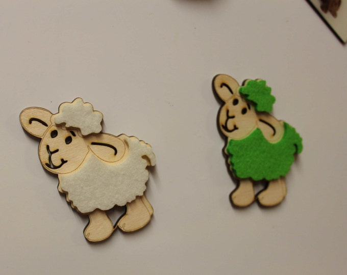Sheep fridge magnet wooden and felt Set of Two Green and White Sheep