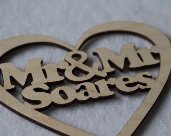 Custom Personalised Mr & Mr Wedding Gift CakeTopper Wooden Heart With Names Laser Cut