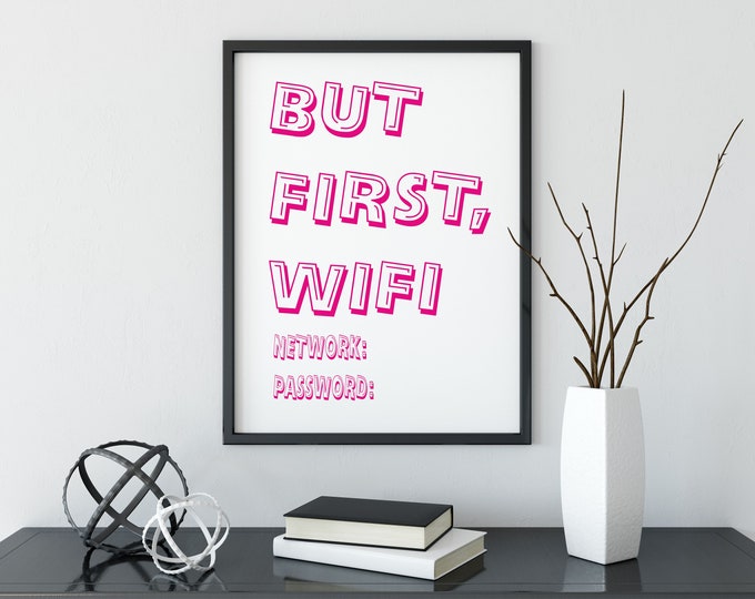 Digital Wall Art Printable colour font pdf Funny Signs Home Studio Office Minimalist Motivational Wall Decor Print But First Wifi