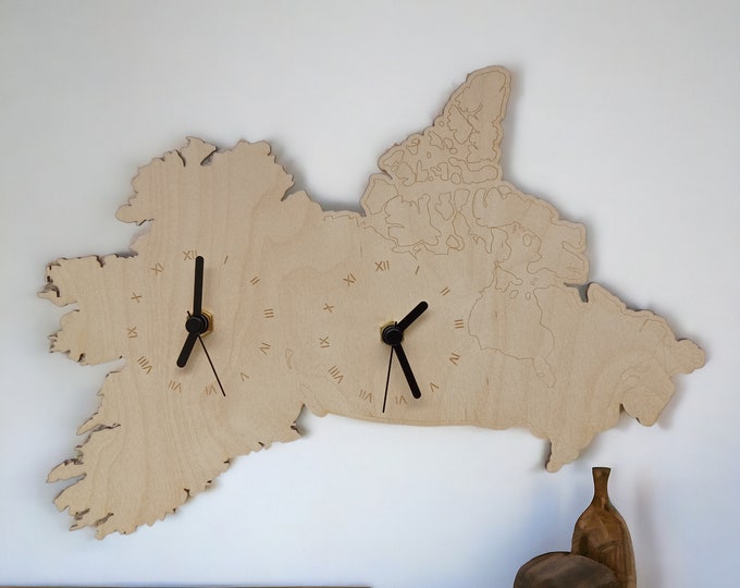 Ireland & Canada Connected Map Clock - Handmade Wooden Country Shape Wall Clock, Irish Gift, Unique Xmas Present, IE  CA Home Decorations