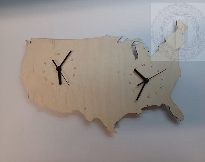 Double time zone Custom Unique  Bespoke USA  Shape Clock USA  Map Wooden