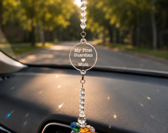 Personalised Guardian Angel Car Charm for Mum, Rainbow Crystal Rearview Mirror Suncatcher Gift