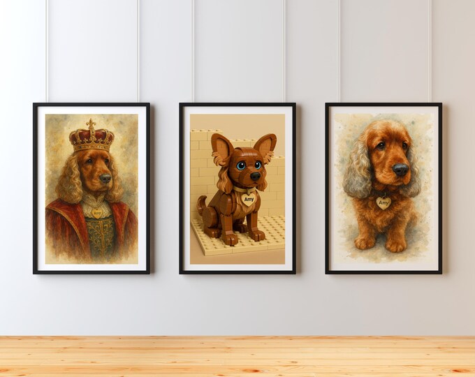 Watercolour Royal Custom Pet Portrait – 3 Styles: ,   LEGO – Pet Memorial, Birthday or Anniversary Gift – Dog  Cat Art from Photo SET OF 3