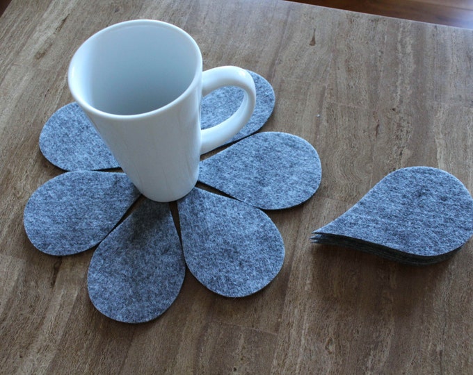 Grey Felt Coaster Tear Drop Shape Set of 7