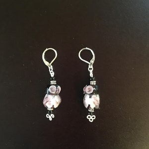 Owl Earrings, Dangle Owl Earrings,  Owl Lamp Work Dangle Earrings