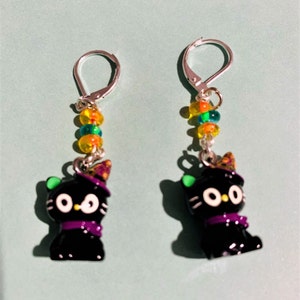 Tiny Halloween Black Cat with Hat Earrings,  Tiny Halloween Dangle Black Cat Earrings, Black Cat with Purple Hat and Green Ears