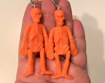 Halloween Earrings, Skeleton Earrings, Halloween Jewelry, Long Skeleton Earrings, Orange Halloween Earrings