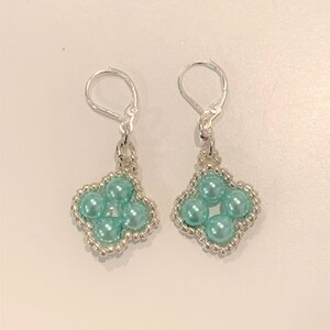 Beaded and Stitched Single Floral Glass Pearl Earrings, Aqua Glass Pearl Earrings,  Birthday Gift, Anniversary Gift. Sweet 16 gift