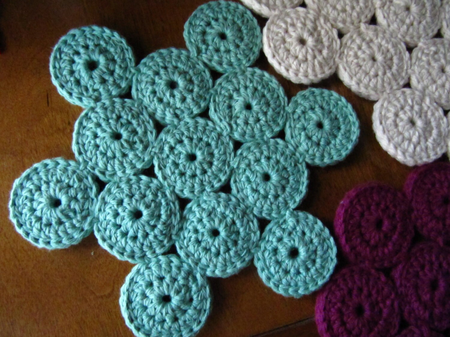 Large round crochet trivet shown in seafoam blue. made to Etsy