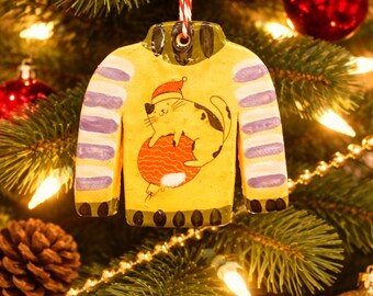 Ugly Xmas sweater ornament with kitty on ornament (Yellow)