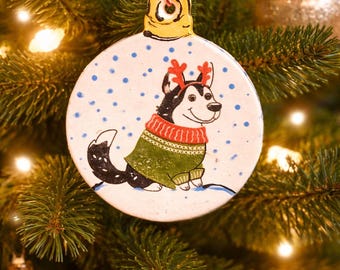 Husky ceramic ornaments with ugly sweater