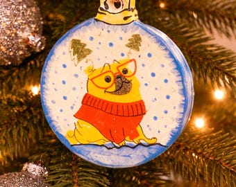 Bulldog/ frenchie with glasses and tree headband dog ornament
