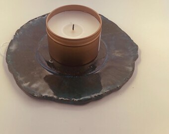 teal ceramic candle holder plate