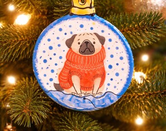 Pug with sweater dog ornament