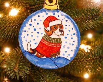 Beagle ceramic ornaments with ugly sweater and hat