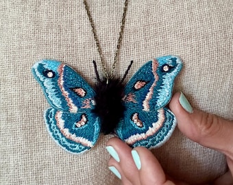 Hand Embroidered Colorful Moth/Butterfly Necklace