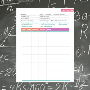 Puede incluir: Un registro de servicio imprimible para realizar un seguimiento del progreso de los estudiantes. El registro incluye secciones para la información del estudiante, evaluaciones iniciales y trienales, colocaciones de 10 días, servicios relacionados y notas. El registro está dividido en columnas para la fecha y la hora, el contacto, el método y las notas.