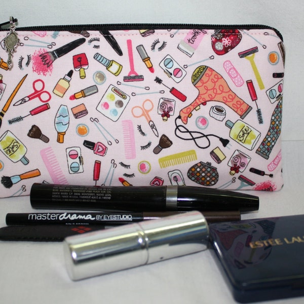 Small 7 x 4" Zippered Cosmetic Pouch in Cute Makeup Print Cotton in Pink and Black Multi with Black Quilted Cotton Lining