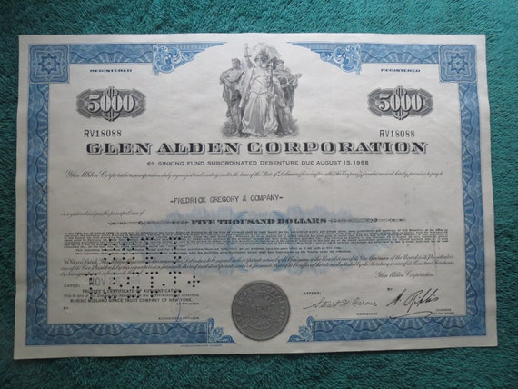 Vintage Sinking Fund Debenture Certificate Glen Alden Corp 5 000 1969