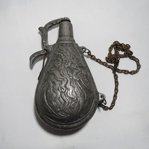 Vintage Art Noveau Pewter Renaissance Style Gunpowder Bottle Flask