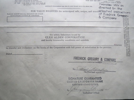 Vintage Sinking Fund Debenture Certificate Glen Alden Corp 5 000 1969