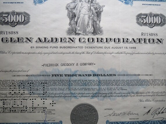 Vintage Sinking Fund Debenture Certificate Glen Alden Corp 5 000 1969