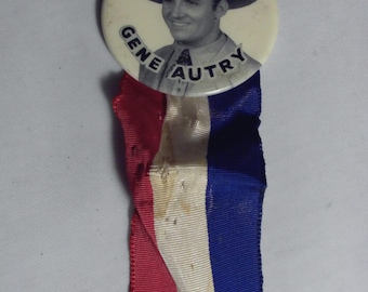 Vintage GENE AUTRY Black & White Pinback with Ribbon TV Cowboy Star