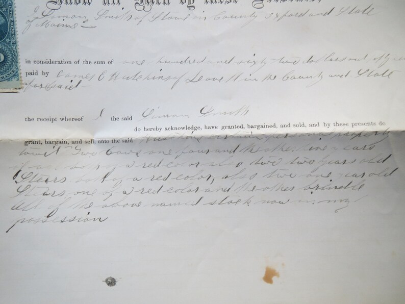 Stow Maine 1864 Bill of Sale for Cows & Steers From Smith to Hutchins