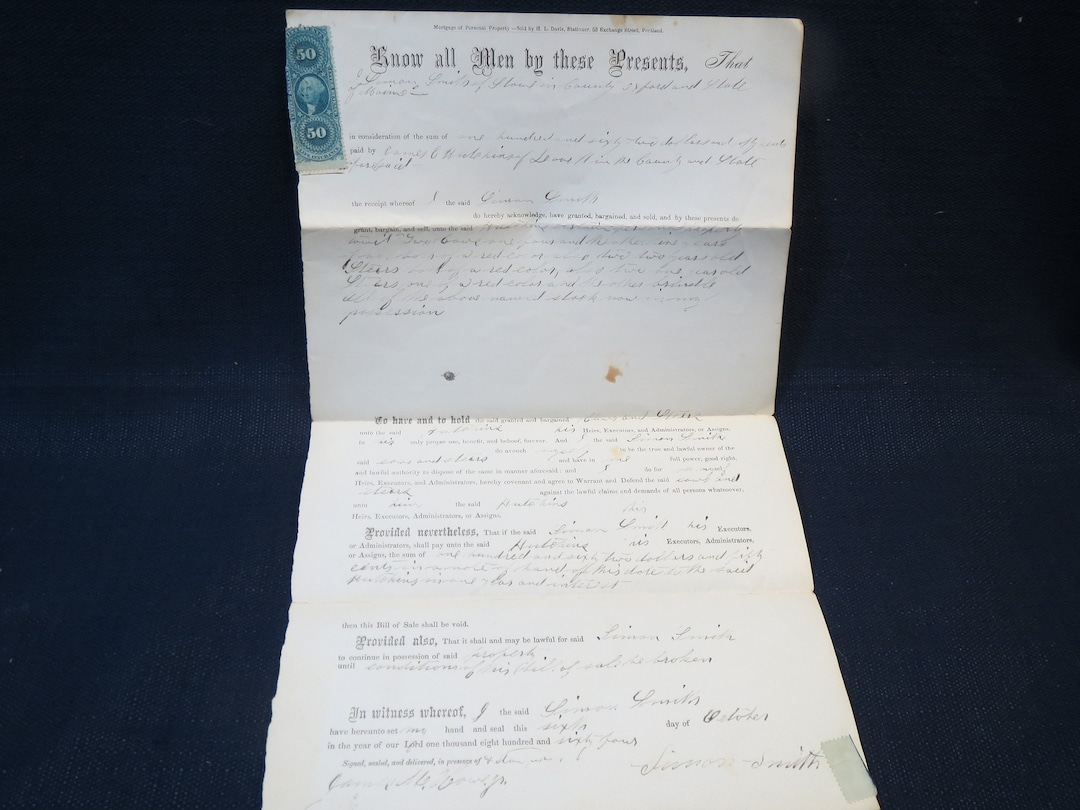 Stow Maine 1864 Bill of Sale for Cows & Steers From Smith to Hutchins