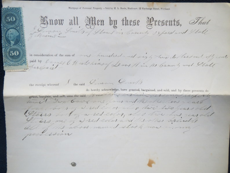 Stow Maine 1864 Bill of Sale for Cows & Steers From Smith to Hutchins