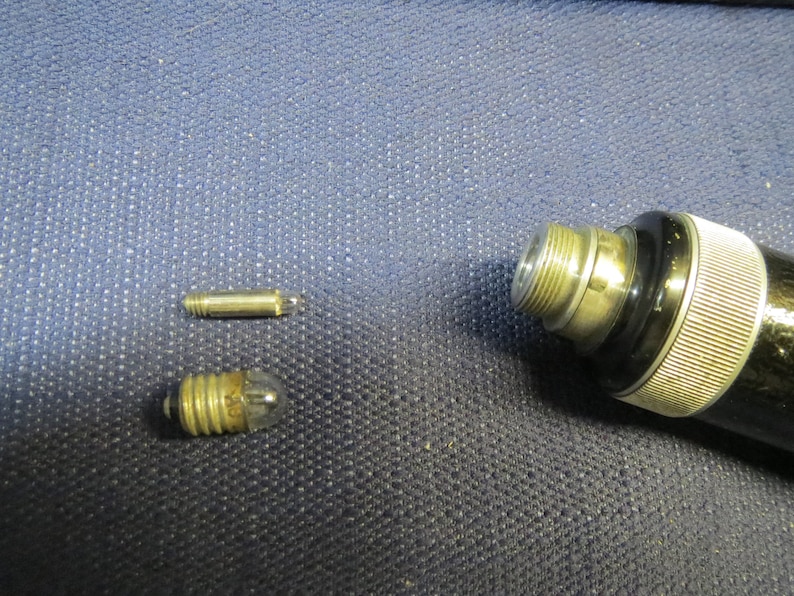 May include: Two small light bulbs, one with a metal base and one with a glass base, and a black and silver flashlight with a threaded end.