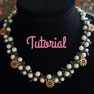 Beading Tutorial, Beading Pattern For Flowers and Ivy Vine Necklace; Sunflowers, Swarovski Pearls, Superduos