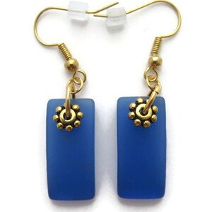 Blue Beach Glass Earrings, Royal Blue Sea Glass Earring, Bright Blue Earring, Cobalt Blue Dangle, Recycled, Sea Glass Dangles, Blue and Gold