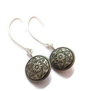 Long Silver Button Earrings: Upcycled Dangle Jewelry