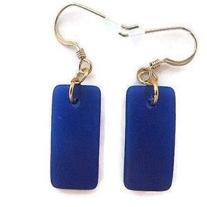 Blue Beach Glass Earrings, Royal Blue Sea Glass Earrings, Bright Blue Earrings, Cobalt Earrings, Ocean Blue Dangles, Blue and Gold