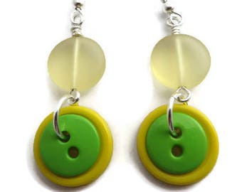 Lime Green Earring, Yellow Earring, Yellow Sea Glass Earring, Recycled Glass, Yellow Button Earring, Yellow Dangle, Bright Green Dangle