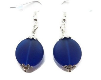 Blue Beach Glass Earrings, Royal Blue Earrings, Blue Sea Glass Earrings, Cobalt Blue Dangle Earring, Recycled Glass, Sea Glass Dangle