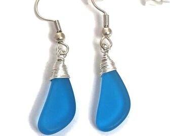 Blue Sea Glass Earrings: Wire Wrapped Turquoise Dangles