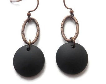 Long Black Earrings, Black Beach Glass Earrings, Black Sea Glass Earrings, Round Black Dangles, Black Round Drop, Copper Earrings, Recycled