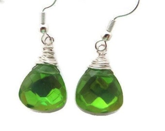 Green Crystal Dangle, Wire Wrapped Green Earrings, Small Lime Teardrop Dangles, Emerald Dangles, Bright Green Dangles, Green and Silver