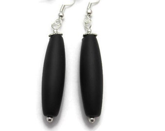 Black Sea Glass Earrings, Long Black Earring, Black Beach Glass Earring, Recycled Earrings, Long Black Dangle, Silver Flower Petal Dangle