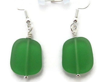 Green Sea Glass Earrings, Green Beach Glass Earring, Lime Green Earrings, Bright Green Dangle, Green and Silver Earring, Sea Glass Dangle