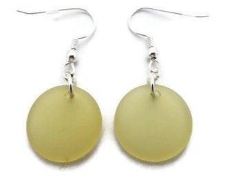 Yellow Sea Glass Earrings, Round Yellow Earrings, Yellow Beach Glass Earrings, Recycled Glass, Pale Yellow Dangles, Lemon Drop Earrings